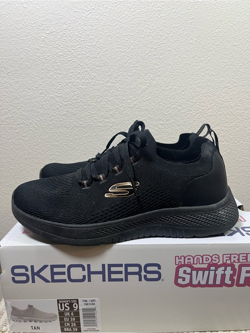 Skechers Black Knit Slip-On Lace-Up Sneakers with Metallic Accents - Picture 4 of 5